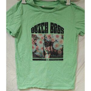 Dutch Bros Coffee Brothers Peace Sign Floral Print Mint Green T-Shirt Medium